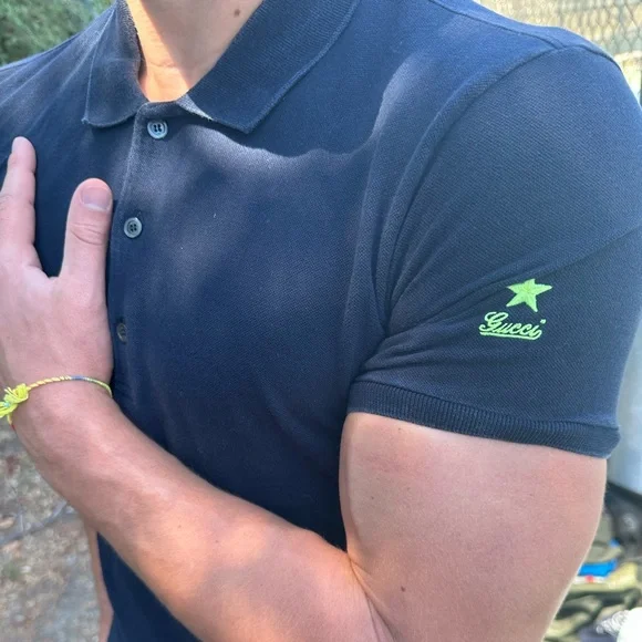 GUCCI SHOOTING LUCKY STAR NEON VOLT GREEN NAVY BLUE UNIFORM POLO SHIRT TENNIS S - Picture 2 of 16